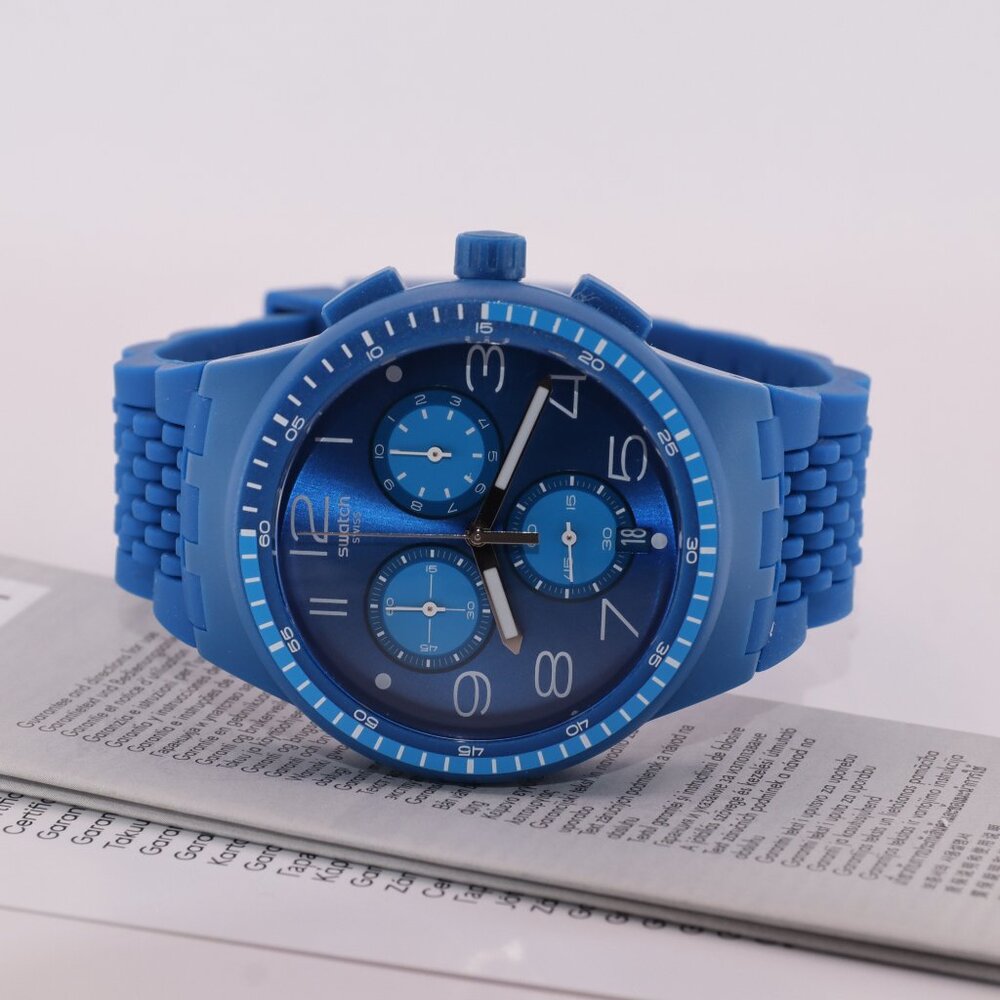 Swiss Limited Rare Swatch Chronograph Plastic Susn415 Triple Blu New 42MM Blue - Picture 3 of 10